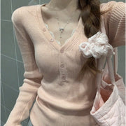 Autumn Korean Style V-Neck Button Front Top for Women
