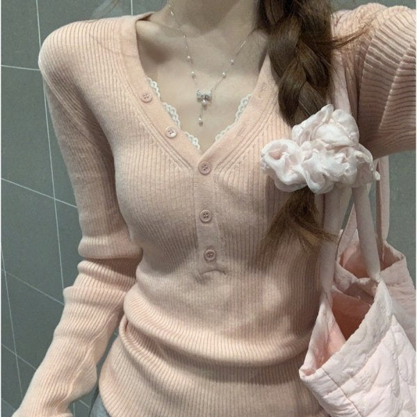 Autumn Korean Style V-Neck Button Front Top for Women