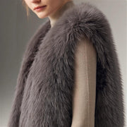 Elegant Gray Faux Fur Vest Coat with Flattering Waist