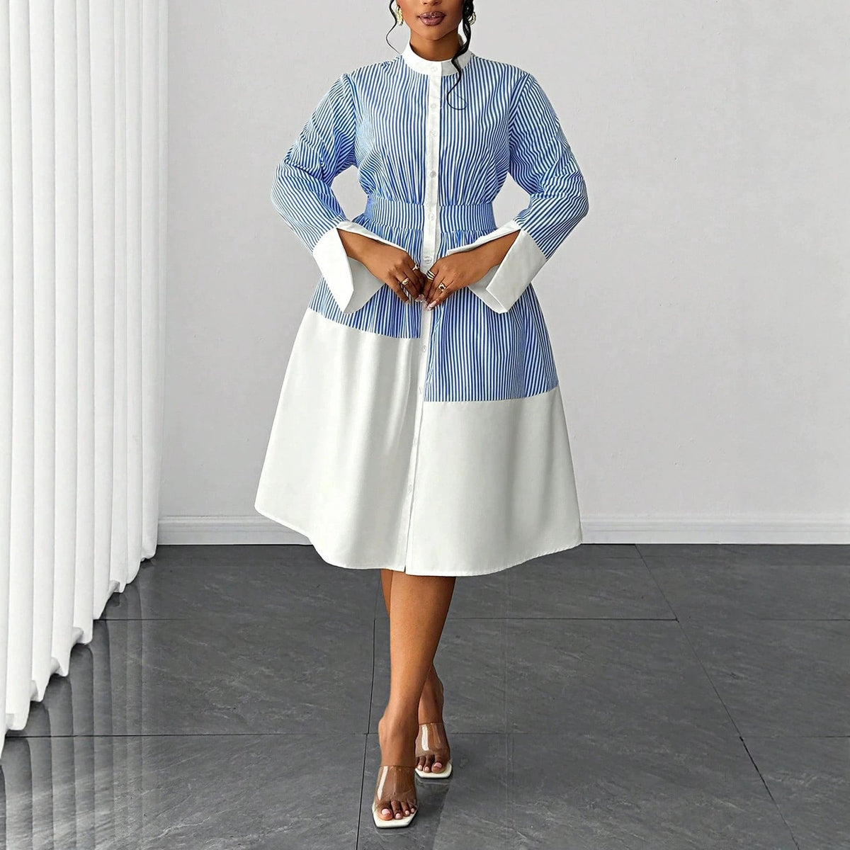 New Elegant Polo-neck Striped Patchwork Color-block Dress