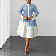 New Elegant Polo-neck Striped Patchwork Color-block Dress