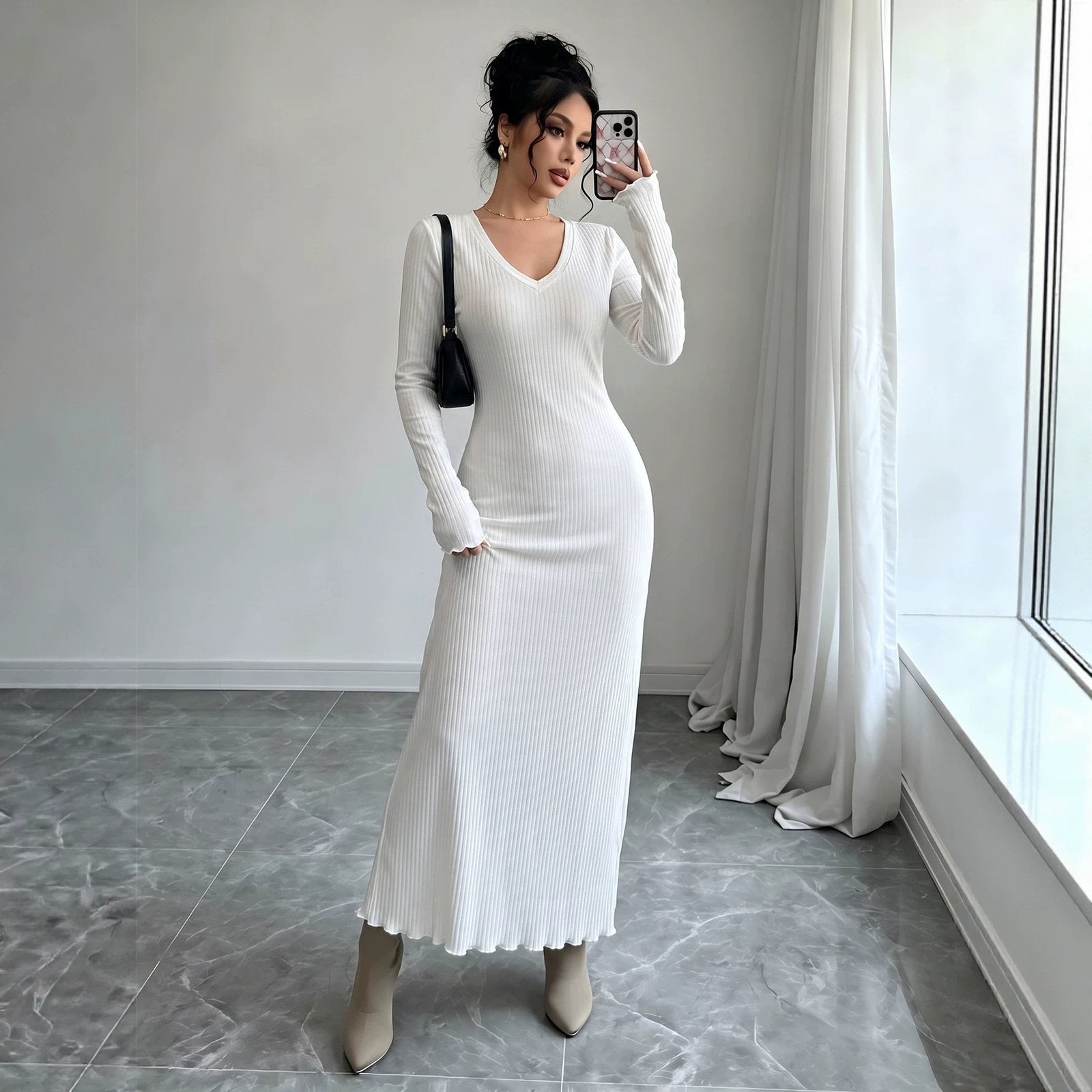 Elegant Slim-fit V-neck Long-sleeve Dress for Women