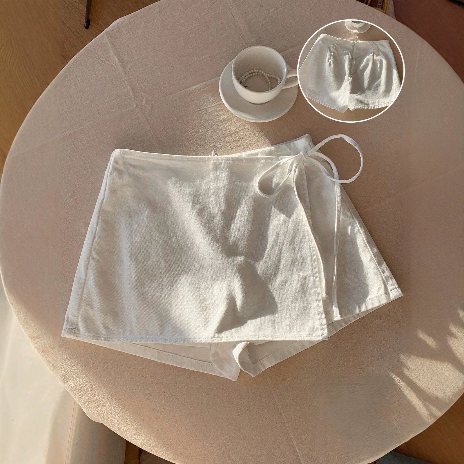 Linen Solid-Color Elastic-Waist Drawstring Shorts-Skirt for Women