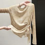 Elegant Workwear Long-sleeve Shirt with Drawstring Hem