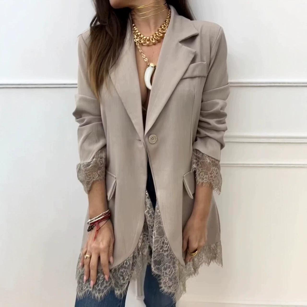 Slim Fit Patchwork Blazer with Lace Trim