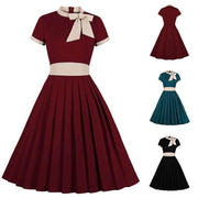 Summer Women's Stand Collar Bow Short Sleeve Waist Pleated