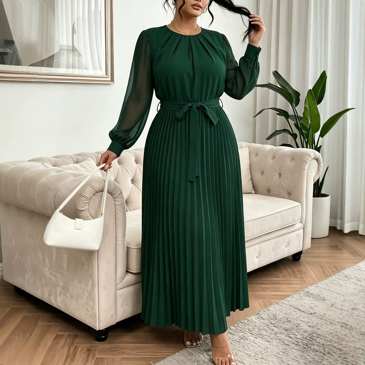 Fashionable Elegant Solid-color Waist-defined Long-sleeved Dress with Tie Straps