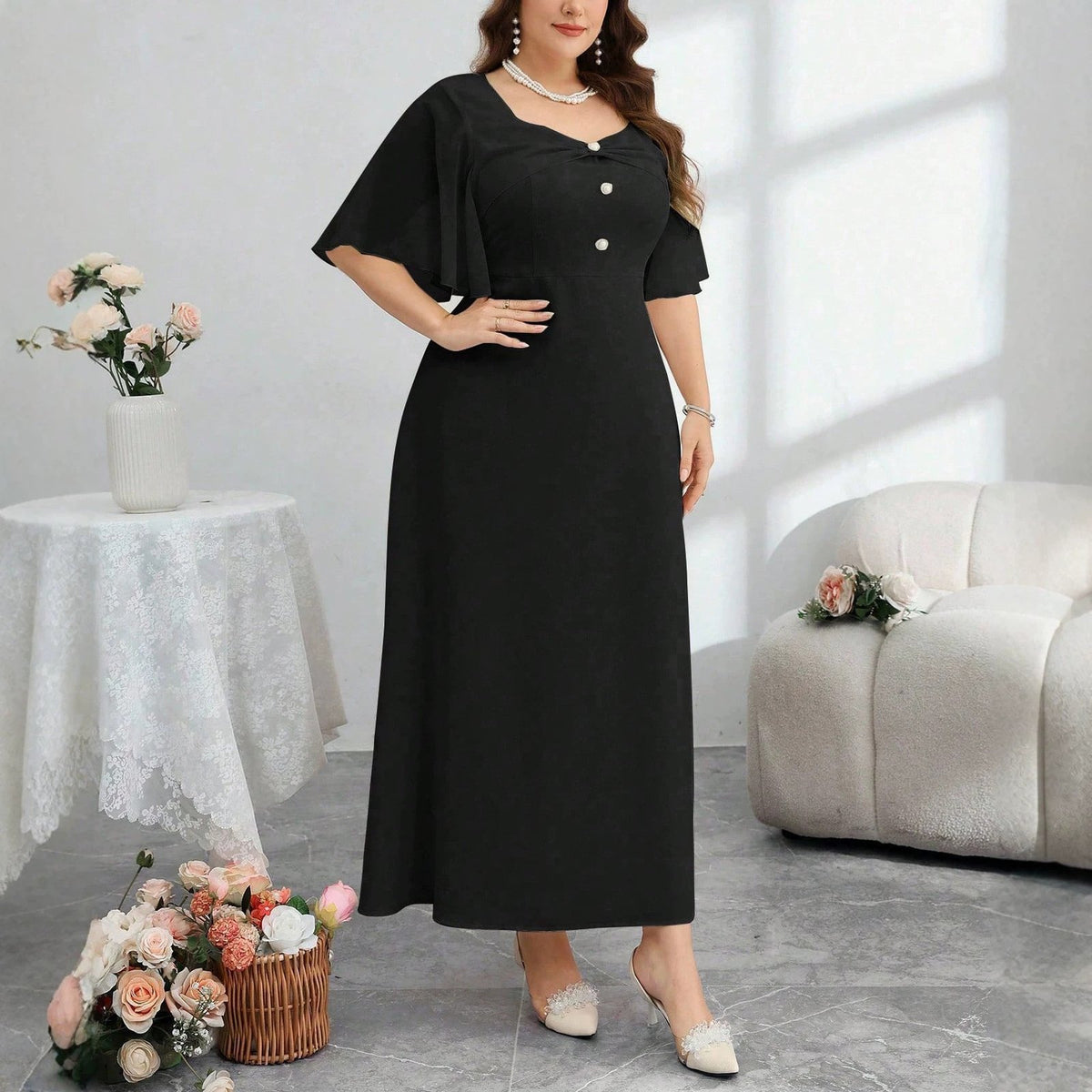 Square-neck Puff-sleeve Waist-cinching Figure-flattering Elegant Office Dress