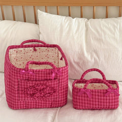 Quilted Storage Basket with Bow Embellishment