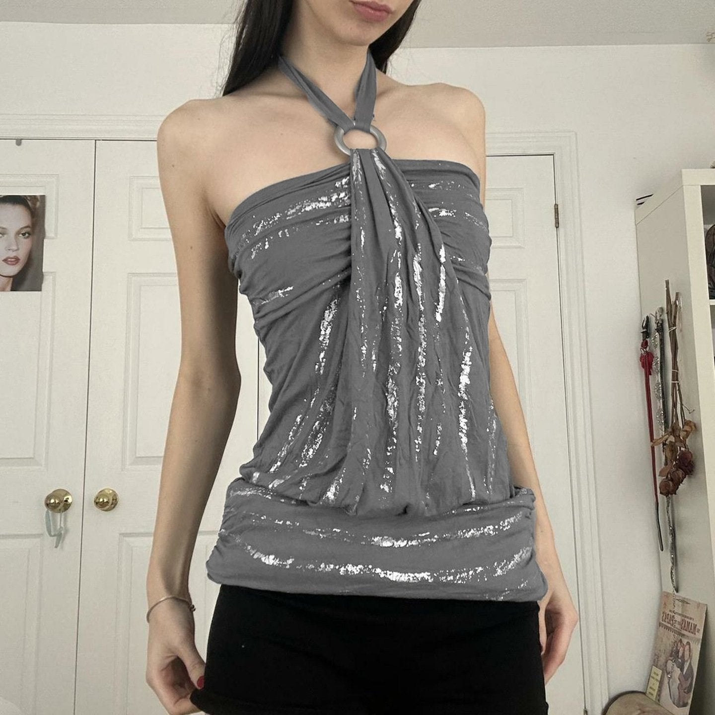 Gray Halter Neck Loose Fit Top for Women