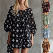 Round-neck Lace-up Chiffon Sundress with Puff Sleeves