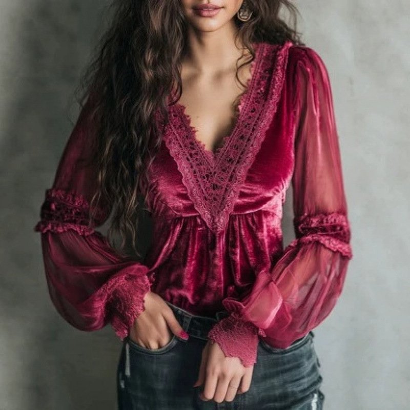 Vintage Floral Chiffon Blouse with Lantern Sleeves