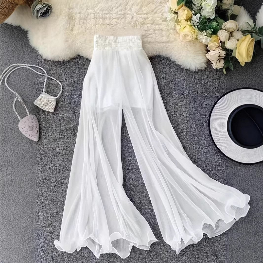 Women's White and Black Fishtail Flare Wide-Leg Trousers
