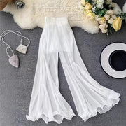 Women's White and Black Fishtail Flare Wide-Leg Trousers
