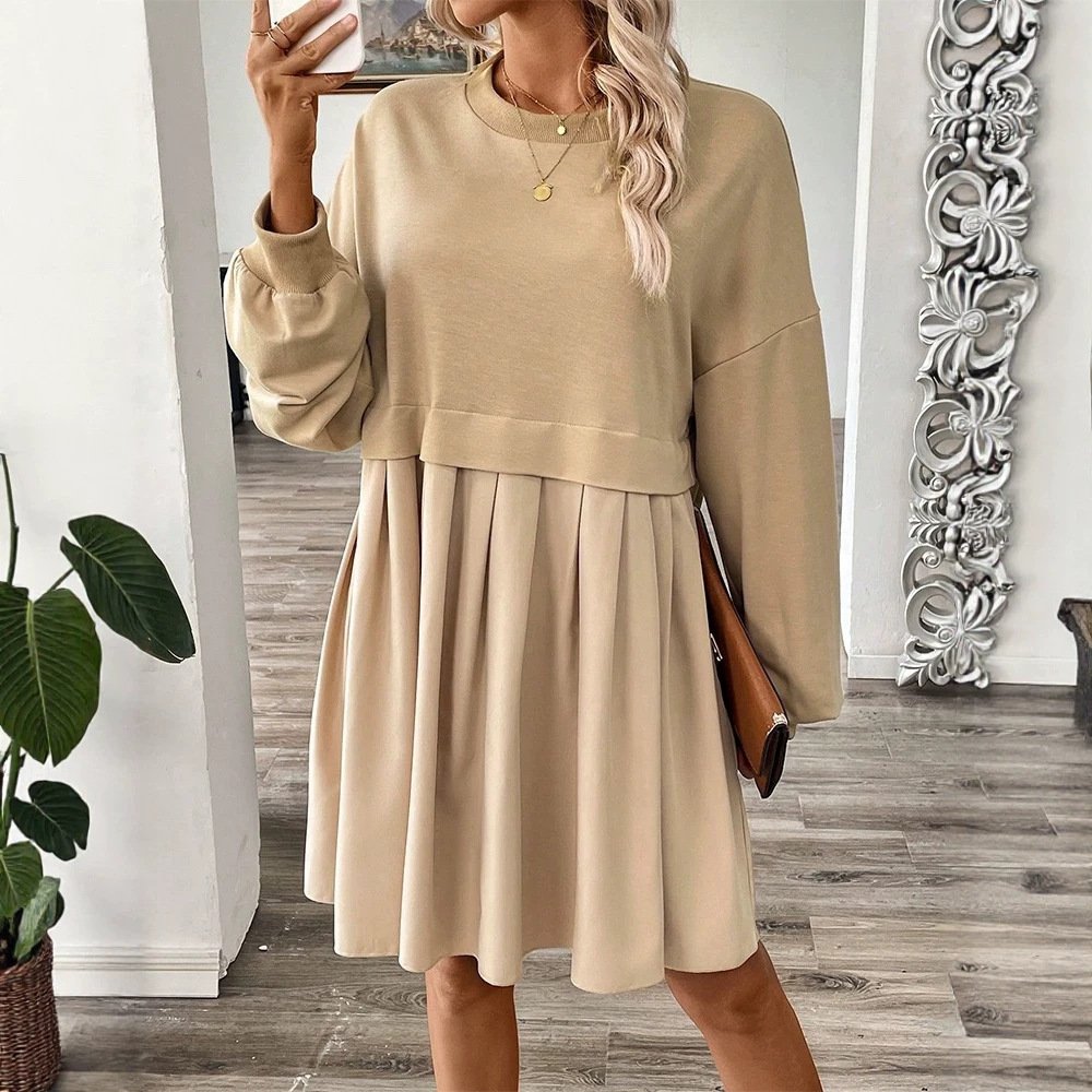 Womens Solid-color Long-sleeve Spliced Dress for Autumn and Winter