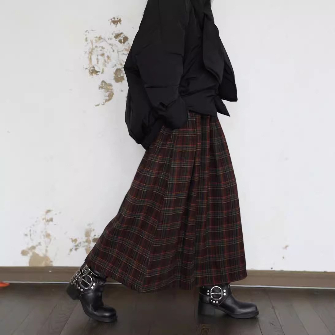 Dark Red Plaid A-Line Umbrella Skirt for Women