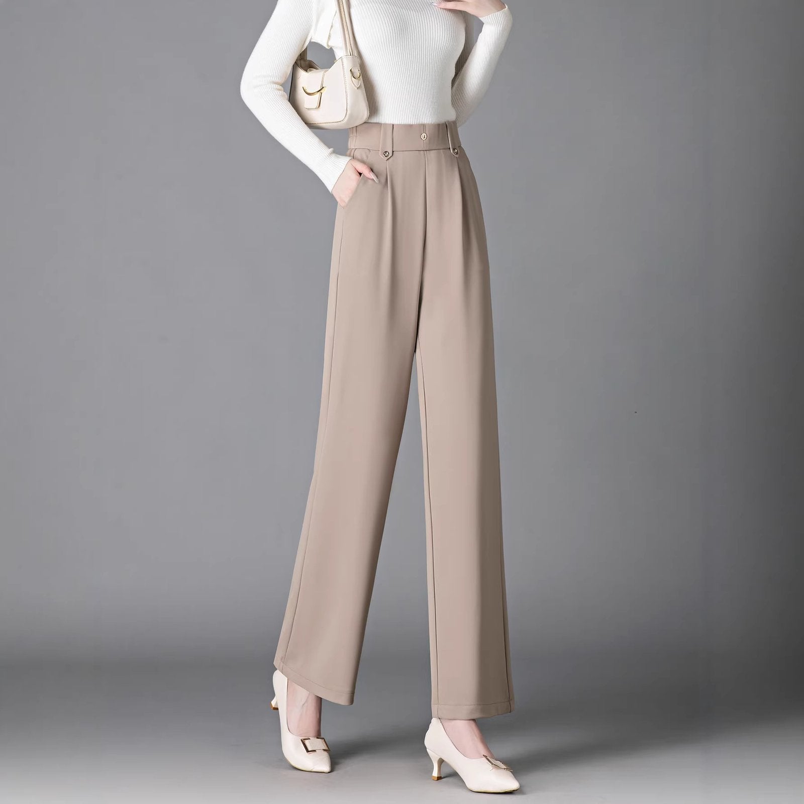 Navy Blue & Khaki Wide-leg Stretchy Commuter Pants for Women