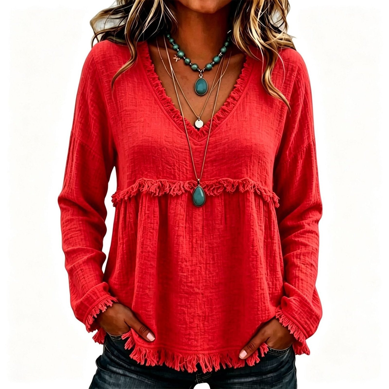 Relaxed-fit V-neck Blazer with Fringed Sleeves