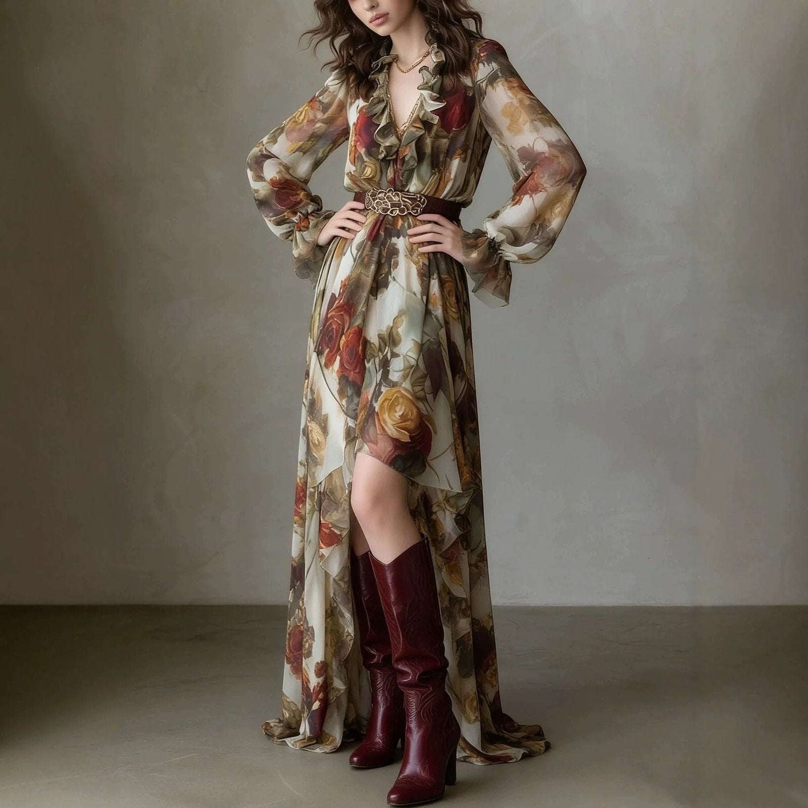 Floral Ruffled Asymmetrical Waist-Cinching Dress