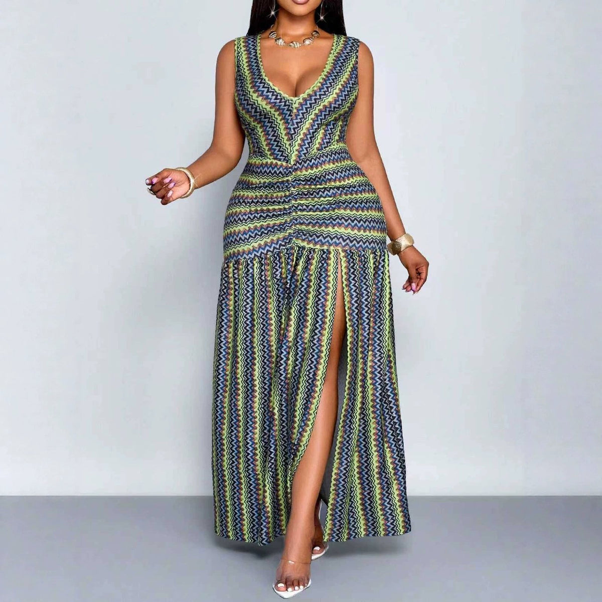Summer New Elegant V-neck Printed Knitted Sleeveless Midi Dress