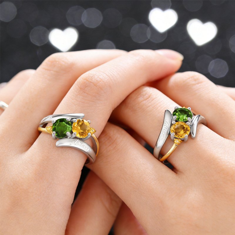 Unique Birthstone Ring, Personalized Two-Color Engraved Copper Design