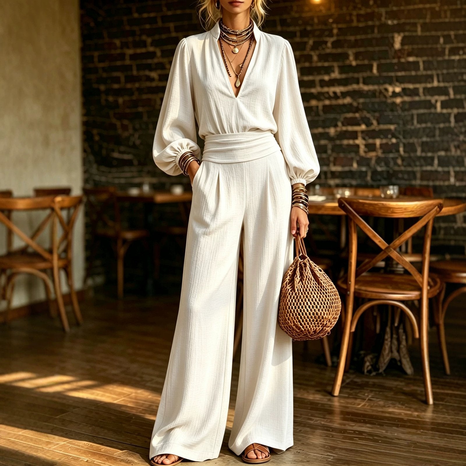Waist-cinching V-neck Elegant Long-sleeve Jumpsuit for Women