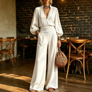 Waist-cinching V-neck Elegant Long-sleeve Jumpsuit for Women