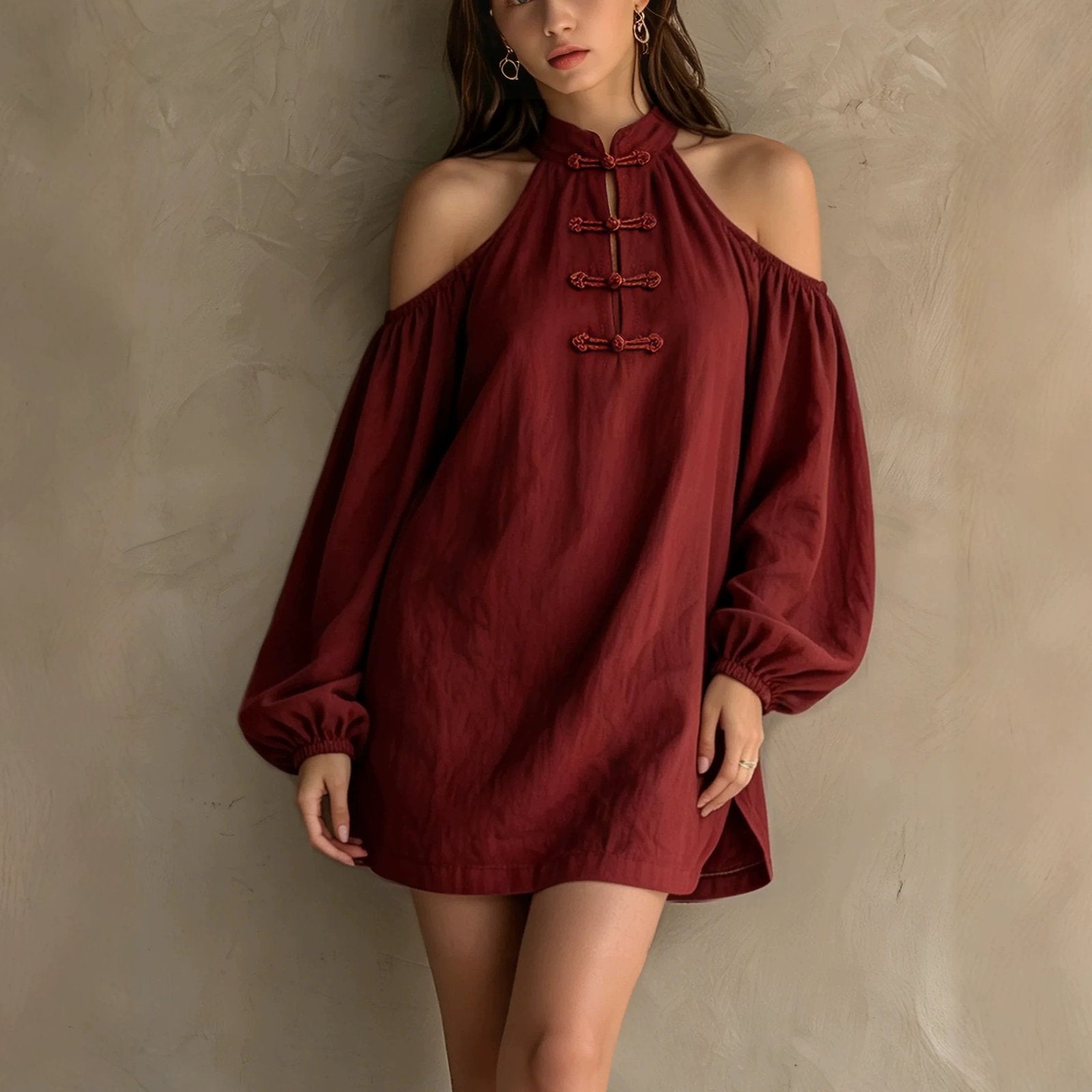 Off-the-Shoulder Long-Sleeve Loose-Fit Women's Dress
