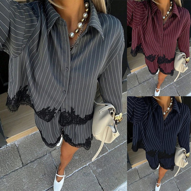 Lace Panel Striped Shorts Set for Women