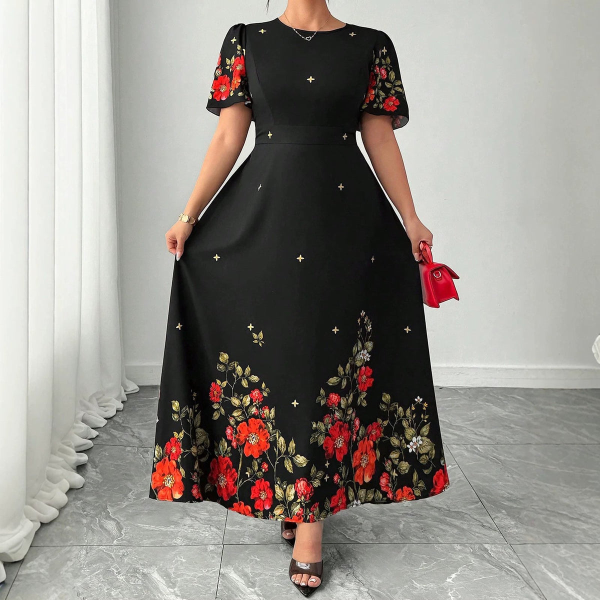 Arrival Elegant Round-neck Printed Mid-length Dress with a Fitted Waist