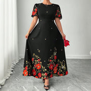 Arrival Elegant Round-neck Printed Mid-length Dress with a Fitted Waist