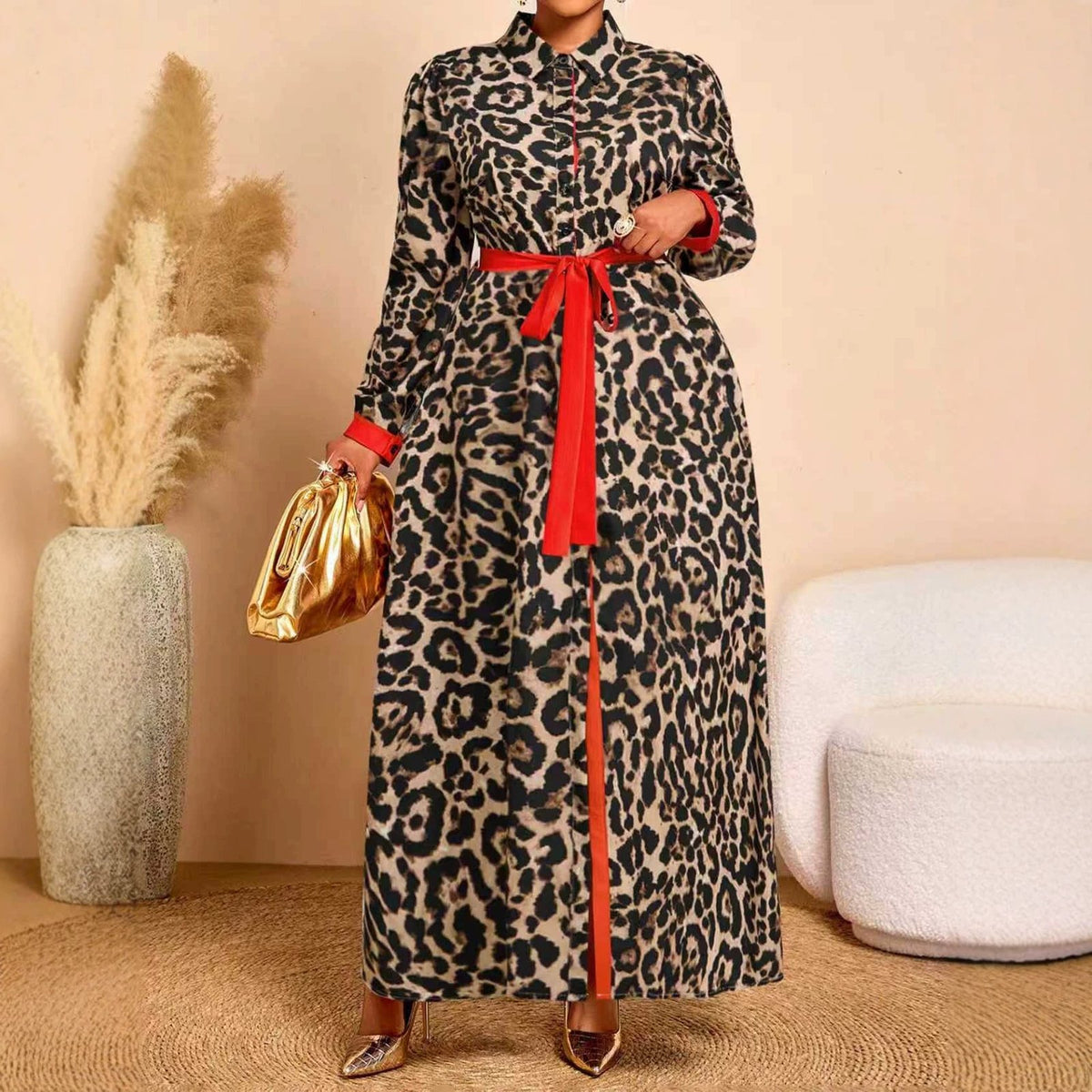 Arrival Elegant Leopard-print Patchwork Midi Dress