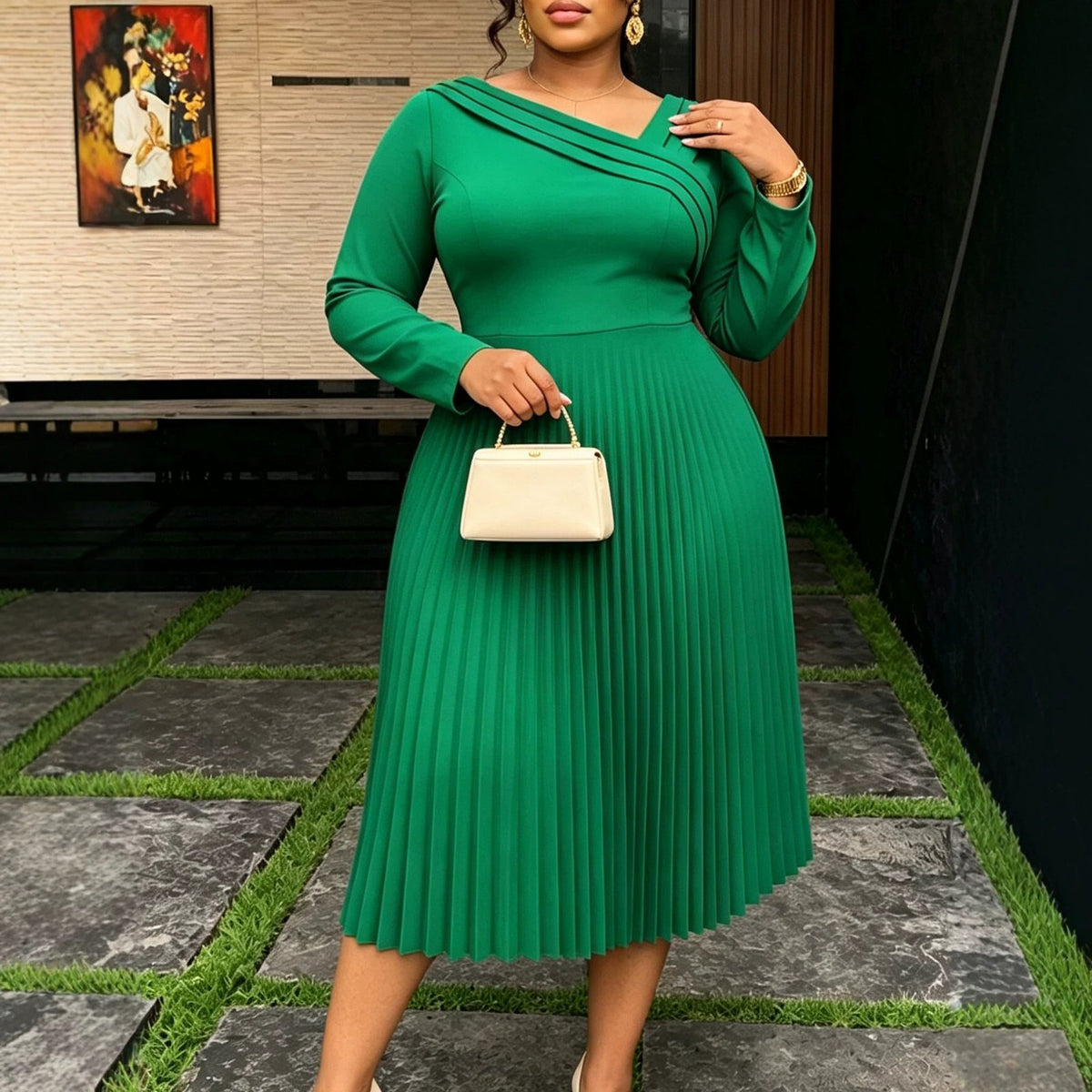 Green V-neck Long-sleeve Dress with Slanted Shoulders and a Fitted Pleated Waist