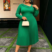 Green V-neck Long-sleeve Dress with Slanted Shoulders and a Fitted Pleated Waist