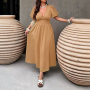 Summer New Elegant V-neck Solid-color Defined-waist Knee-length Office Dress