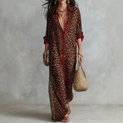 Retro Red-trimmed Leopard-print Lapel Blouse Dress