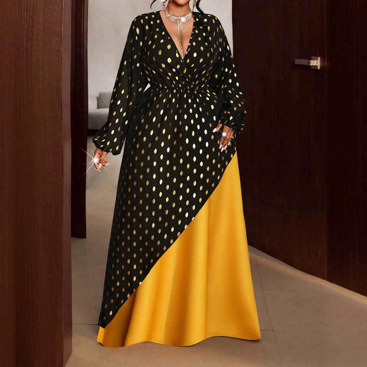 Stylish and Elegant V-neck Patchwork Gold-stamped Midi Dress