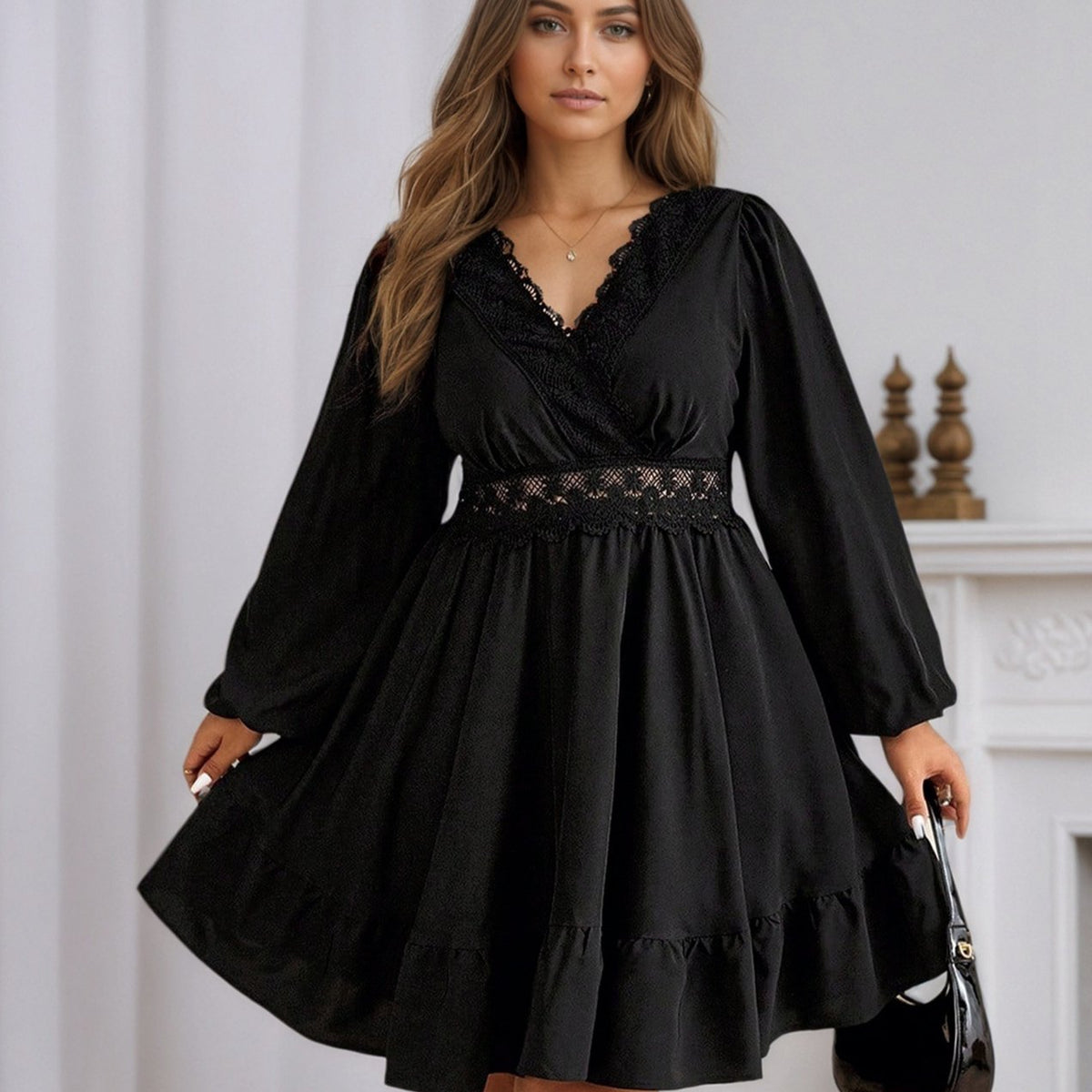 Womens V-neck Dress with Lace Trim and Panelled Design