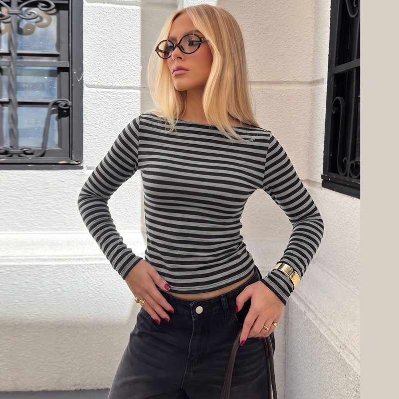 Striped Crew-neck Long-sleeve Top for Women