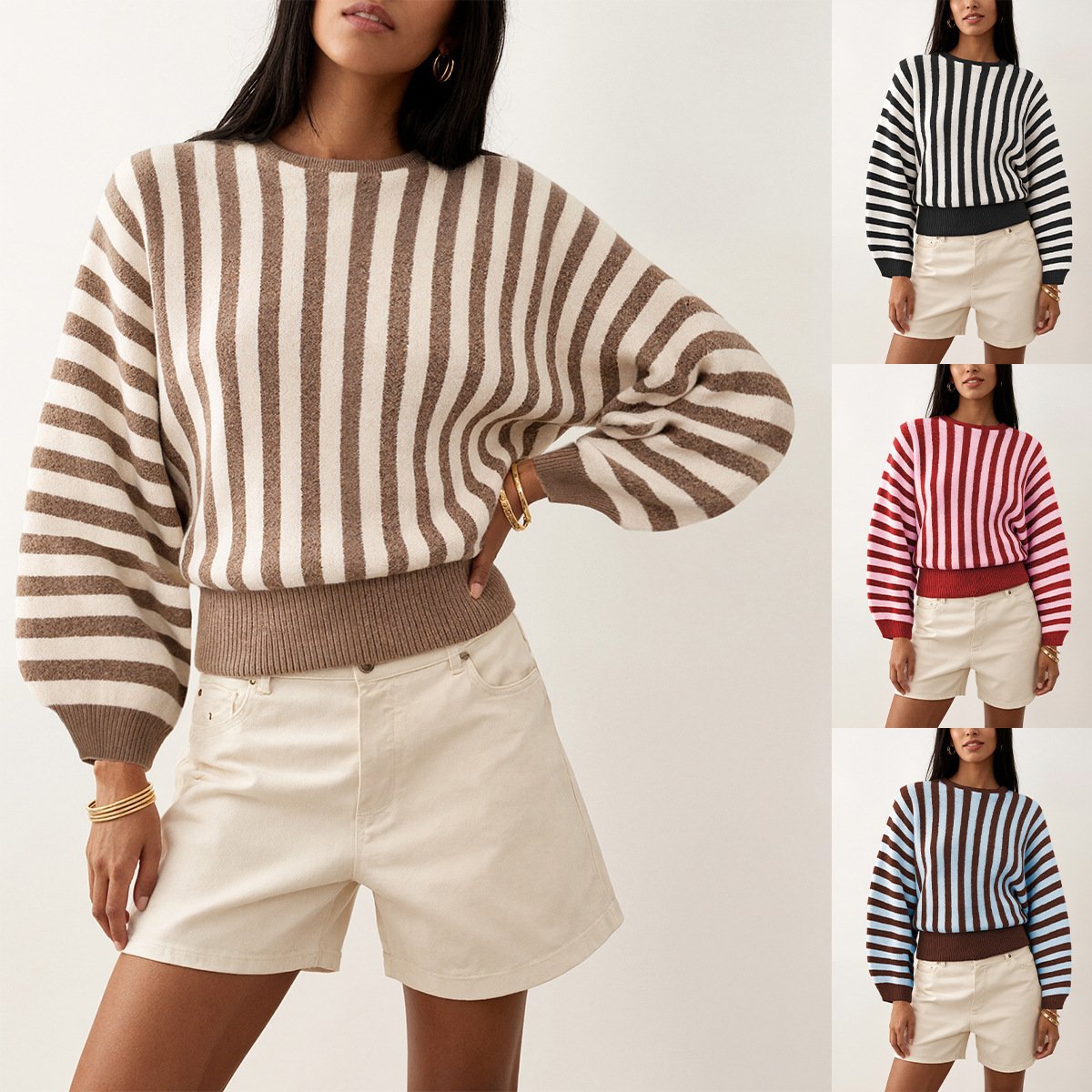 Fall Winter Striped Long Sleeve Knit Top