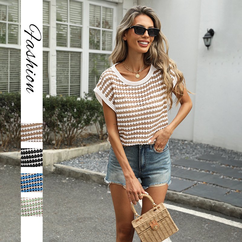 Casual Striped Crew-neck Knit Top for Women