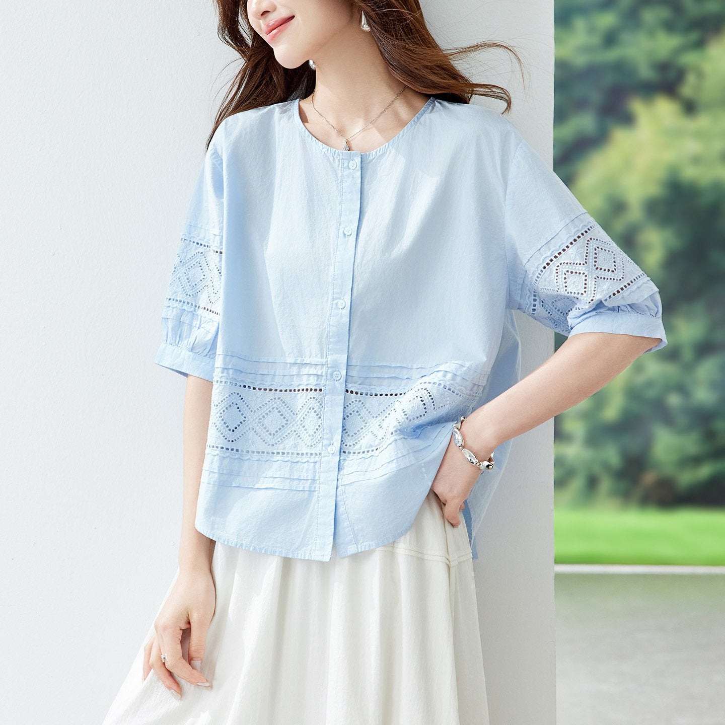 Loose-fit Bohemian Jacquard Blouse for Women