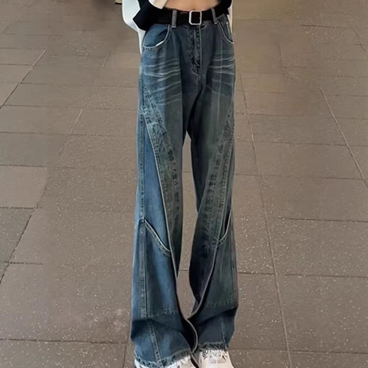 Vintage Blue Patchwork Straight-leg Men's Jeans