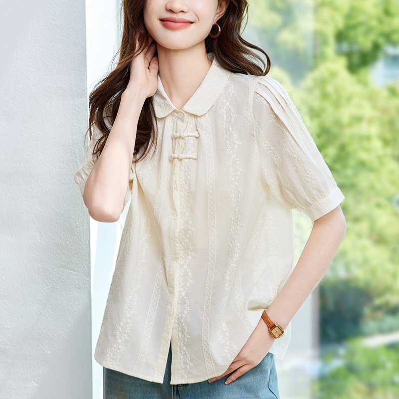 Elegant Apricot Floral Shirt - Short Sleeves Knot Buttons