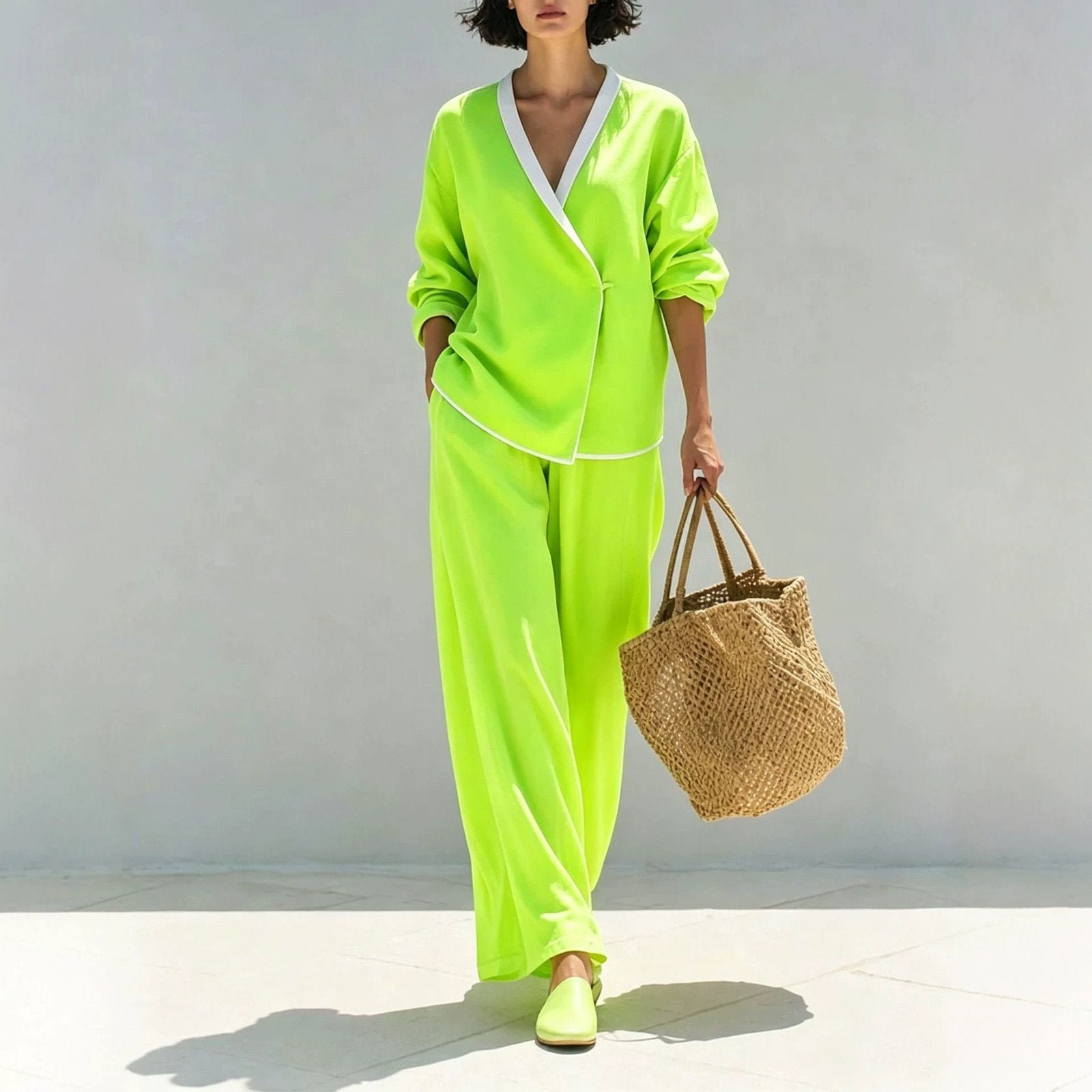 Chic Women's V-Neck Long Sleeve Top & Wide-Leg Pants Set
