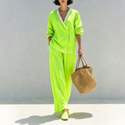Chic Women's V-Neck Long Sleeve Top & Wide-Leg Pants Set