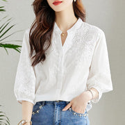 Elegant White Women's Blouse 3/4 Sleeves Cotton Top