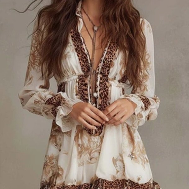 Loose-fit Printed Crew-neck Casual Plus-size Dress