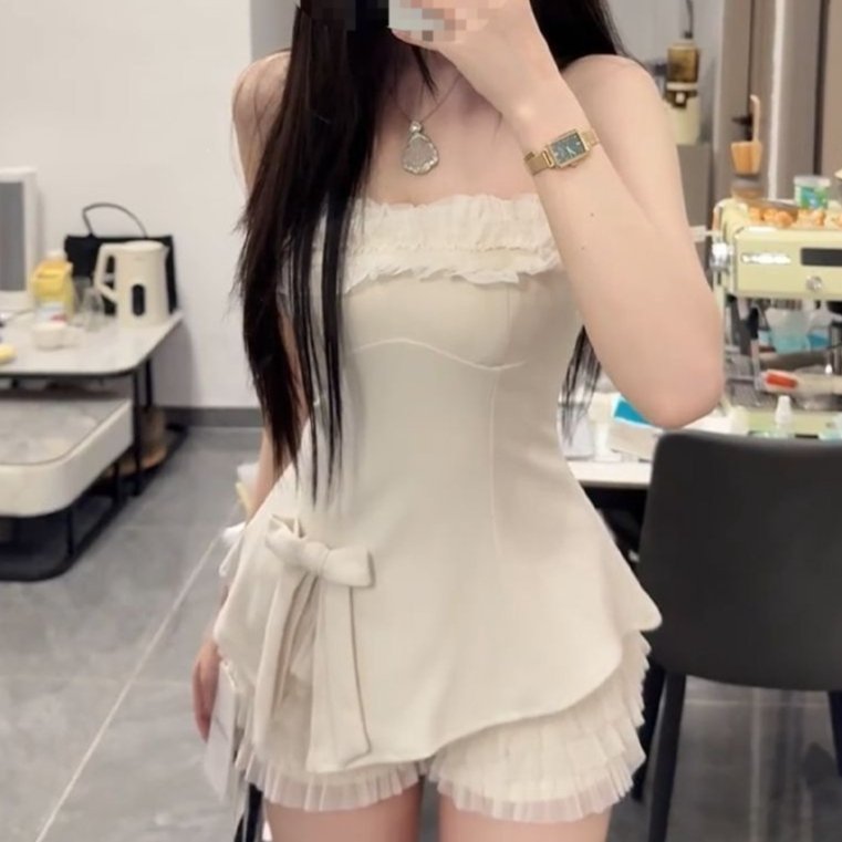 High-Waisted Slimming Shorts Two-Piece Set with Bow-Neckline Top