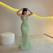 Green Beaded Lace Halter-neck Evening Gown